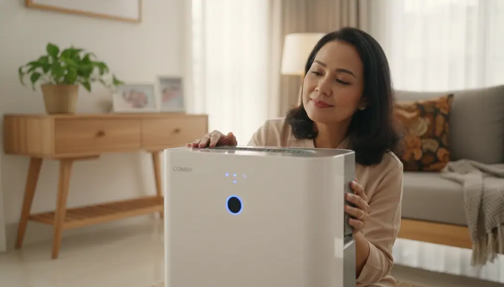 Teknisi profesional menguji Kualitas Udara Indoor IAQ pasca pemeliharaan - home-steril.com
