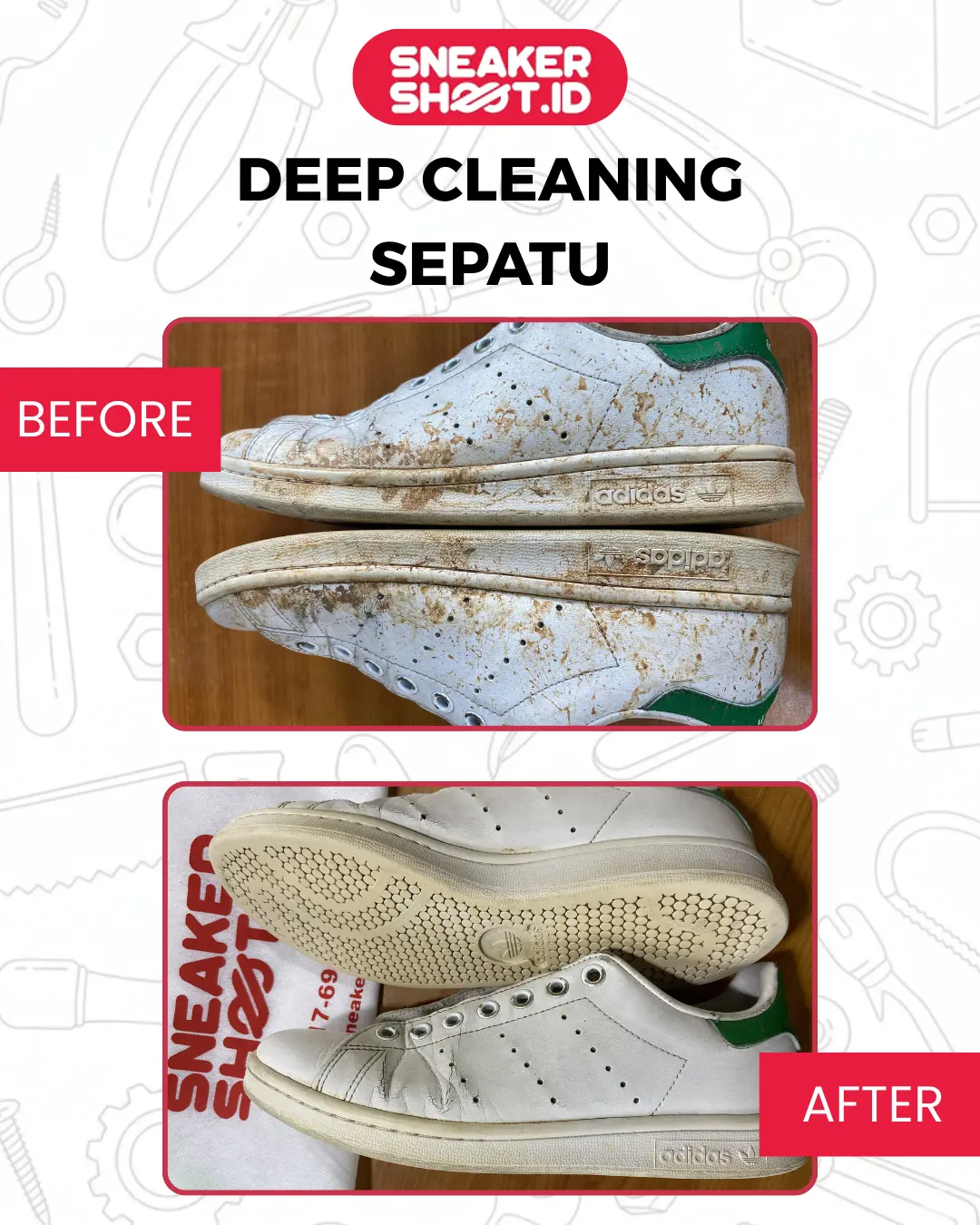 Hasil sebelum dan sesudah unyellowing sepatu putih di laundry premium - sneakershoot.id