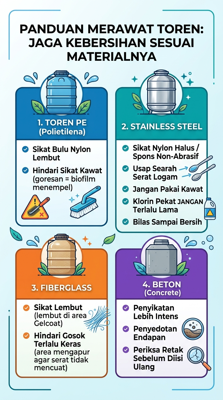 Infografik : Panduan Merawat Toren : Jaga Kebrsihan Sesuai Materialnya