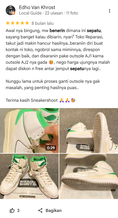 Rating Pelanggan Reparasi Sepatu di Sneakershoot 