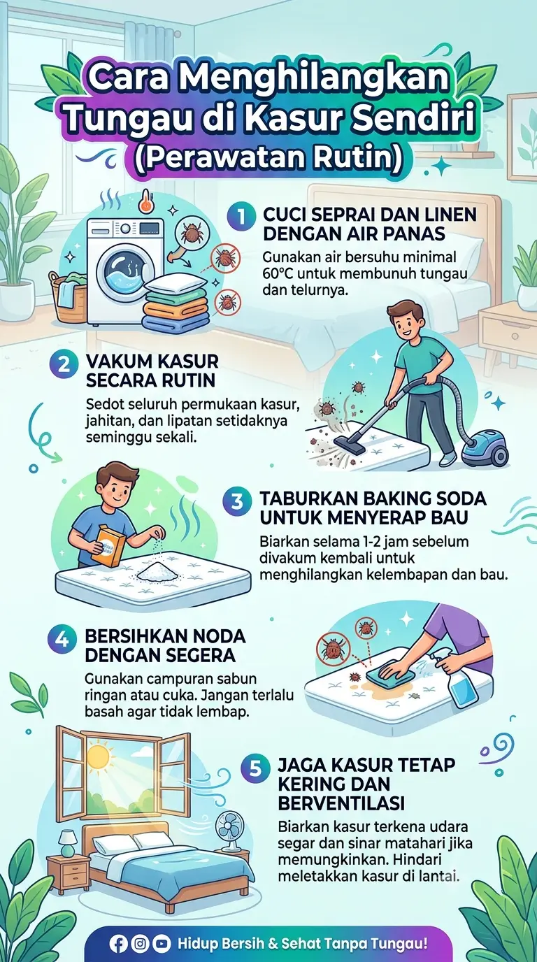 Infografik : Cara Menghilangkan Tungau di Kasur Sendiri (Perawatan Rutin)