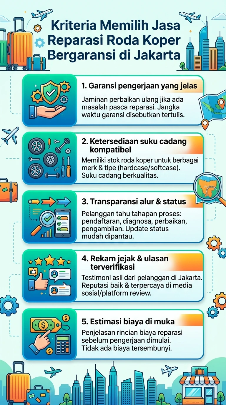 Infografik :Kriteria Memilih Jasa Reparasi Roda Koper Bergaransi di Jakarta