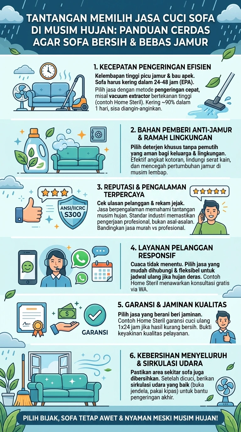 Infografik : Tantangan Memilih Jasa Cuci Sofa Di Musin Hujan : Panduan Cerdas Agar Sofa Bersih & Bebas Jamur