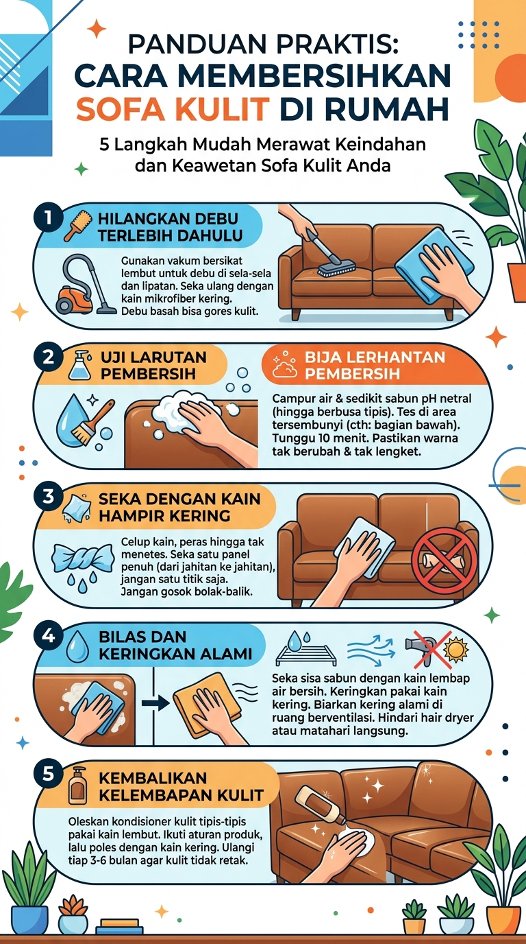 Infografik : Panduan Praktis : Cara Membersihkan Sofa Kulit di Rumah
