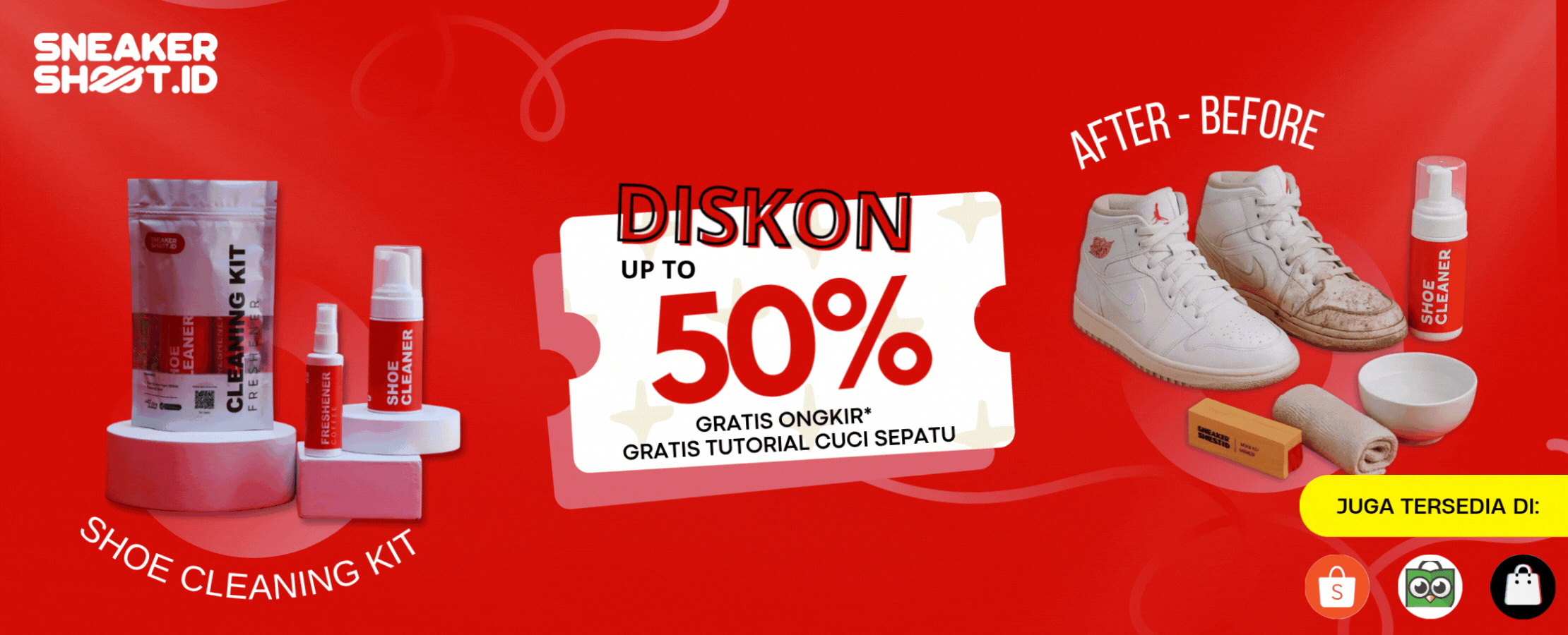 Promo diskon 50% shoe care kit dan gratis tutorial video untuk mencuci sepatu di sneakerhsoot.id