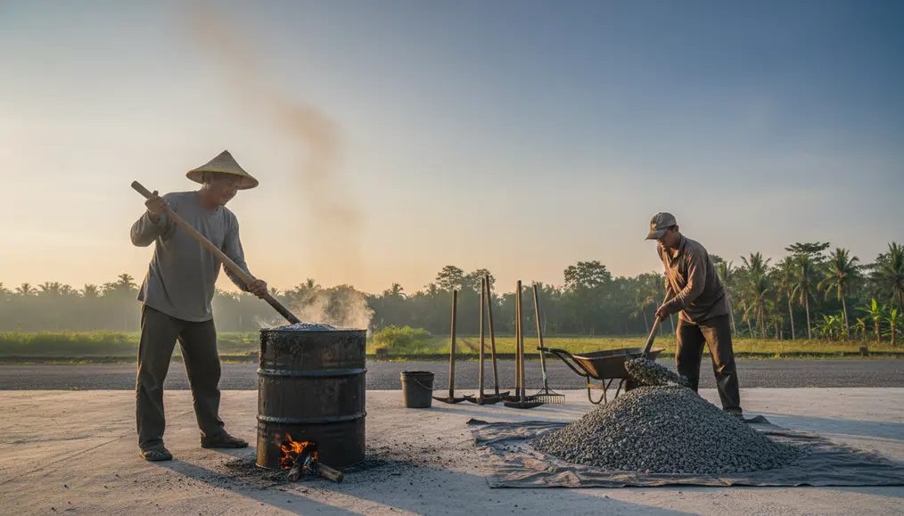 Proses pencampuran aspal goreng manual tradisional menggunakan drum pemanas di pinggir jalan - home-steril.com