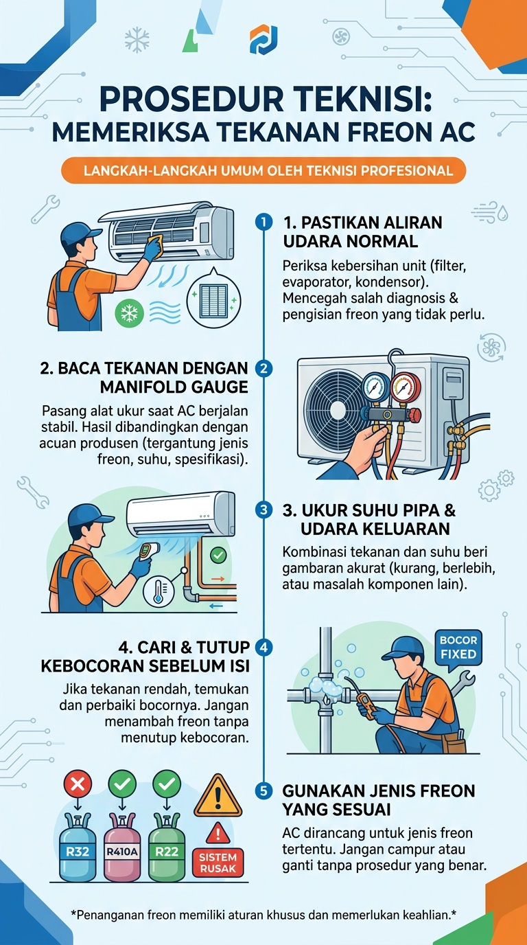 Infografik : Prosedur Teknisi : Memeriksa Tekanan Freon AC