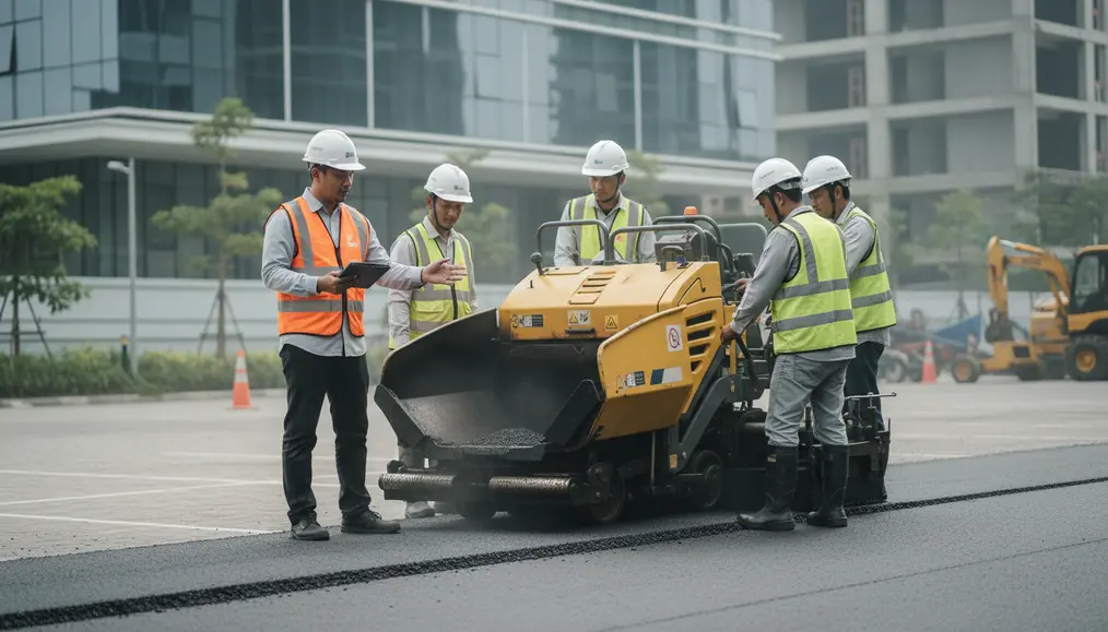 Proses penghamparan aspal hotmix menggunakan finisher dan pemadatan awal oleh tim lapangan - home-steril.com