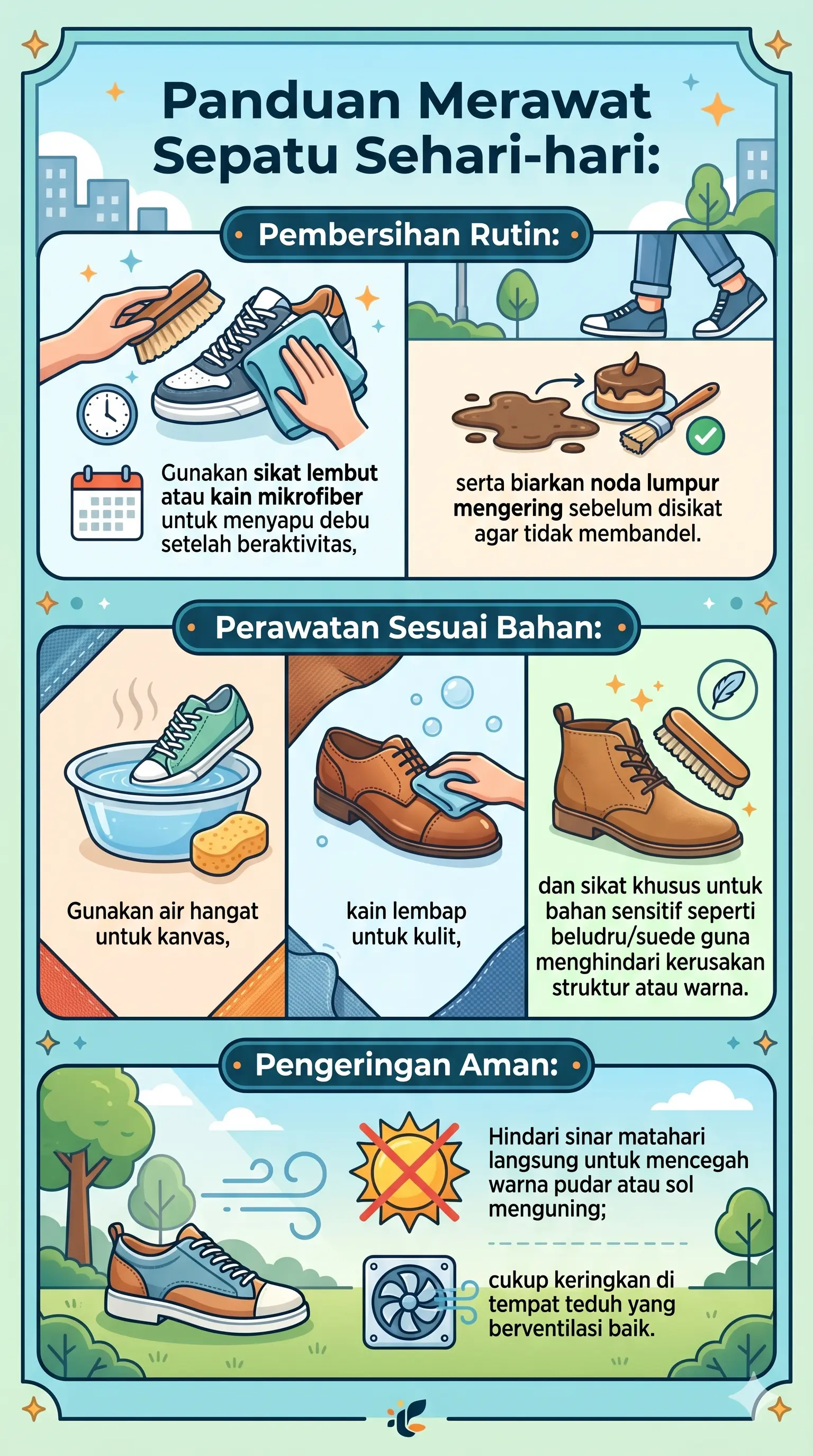 Infografik panduan praktis pemeliharaan harian sneakers kain dan kulit agar tidak mudah rusak - sneakershoot.id