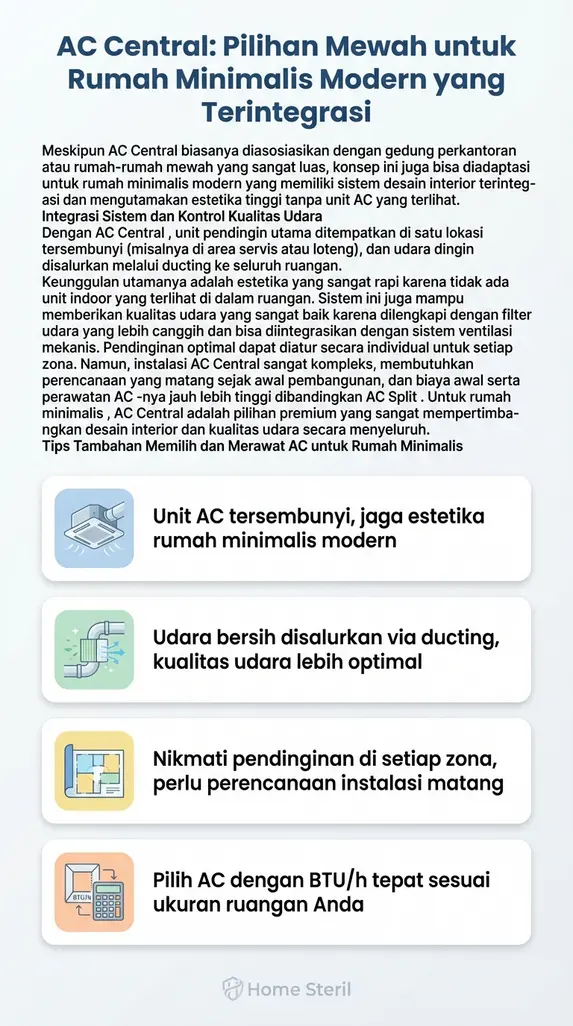 AC Central: Pilihan Mewah untuk Rumah Minimalis Modern yang Terintegrasi Meskipun AC Central biasanya diasosiasikan dengan gedung perkantoran atau rumah-rumah mewah yang sangat luas, konsep ini juga bisa diadaptasi untuk rumah minimalis modern yang memiliki sistem desain interior terintegrasi dan mengutamakan estetika tinggi tanpa unit AC yang terlihat. Integrasi Sistem dan Kontrol Kualitas Udara Dengan AC Central , unit pendingin utama ditempatkan di satu lokasi tersembunyi (misalnya di area servis atau loteng), dan udara dingin disalurkan melalui ducting ke seluruh ruangan. Keunggulan utamanya adalah estetika yang sangat rapi karena tidak ada unit indoor yang terlihat di dalam ruangan. Sistem ini juga mampu memberikan kualitas udara yang sangat baik karena dilengkapi dengan filter udara yang lebih canggih dan bisa diintegrasikan dengan sistem ventilasi mekanis. Pendinginan optimal dapat diatur secara individual untuk setiap zona. Namun, instalasi AC Central sangat kompleks, membutuhkan perencanaan yang matang sejak awal pembangunan, dan biaya awal serta perawatan AC -nya jauh lebih tinggi dibandingkan AC Split . Untuk rumah minimalis , AC Central adalah pilihan premium yang sangat mempertimbangkan desain interior dan kualitas udara secara menyeluruh. Tips Tambahan Memilih dan Merawat AC untuk Rumah Minimalis