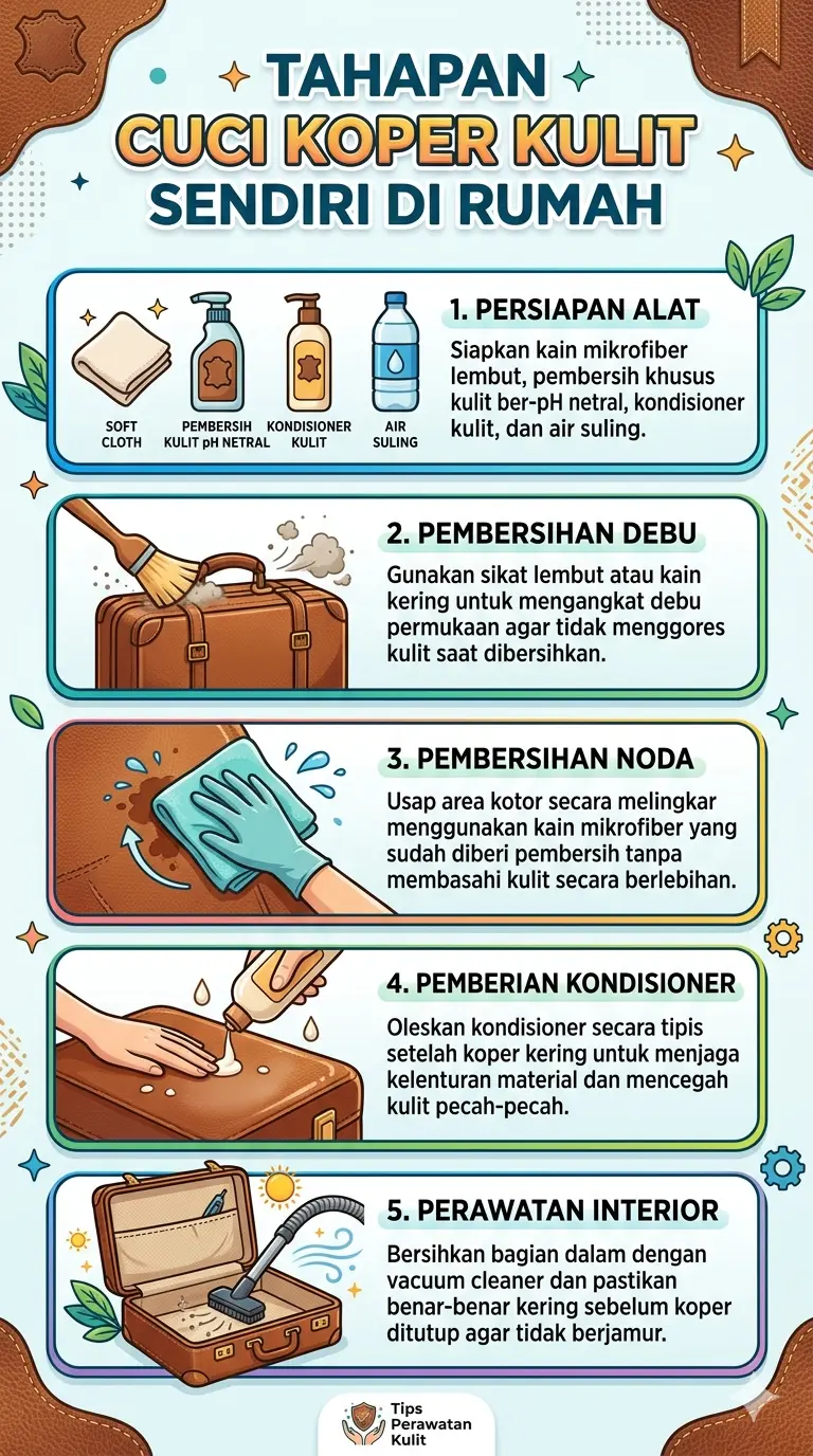 Infografik panduan praktis dan tahapan cuci koper kulit mandiri di rumah - sneakershoot.id