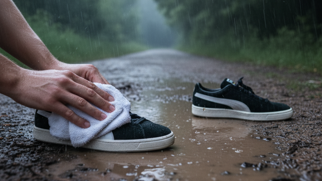  Penanganan Cepat Setelah Sepatu Suede Terkena Air Hujan 