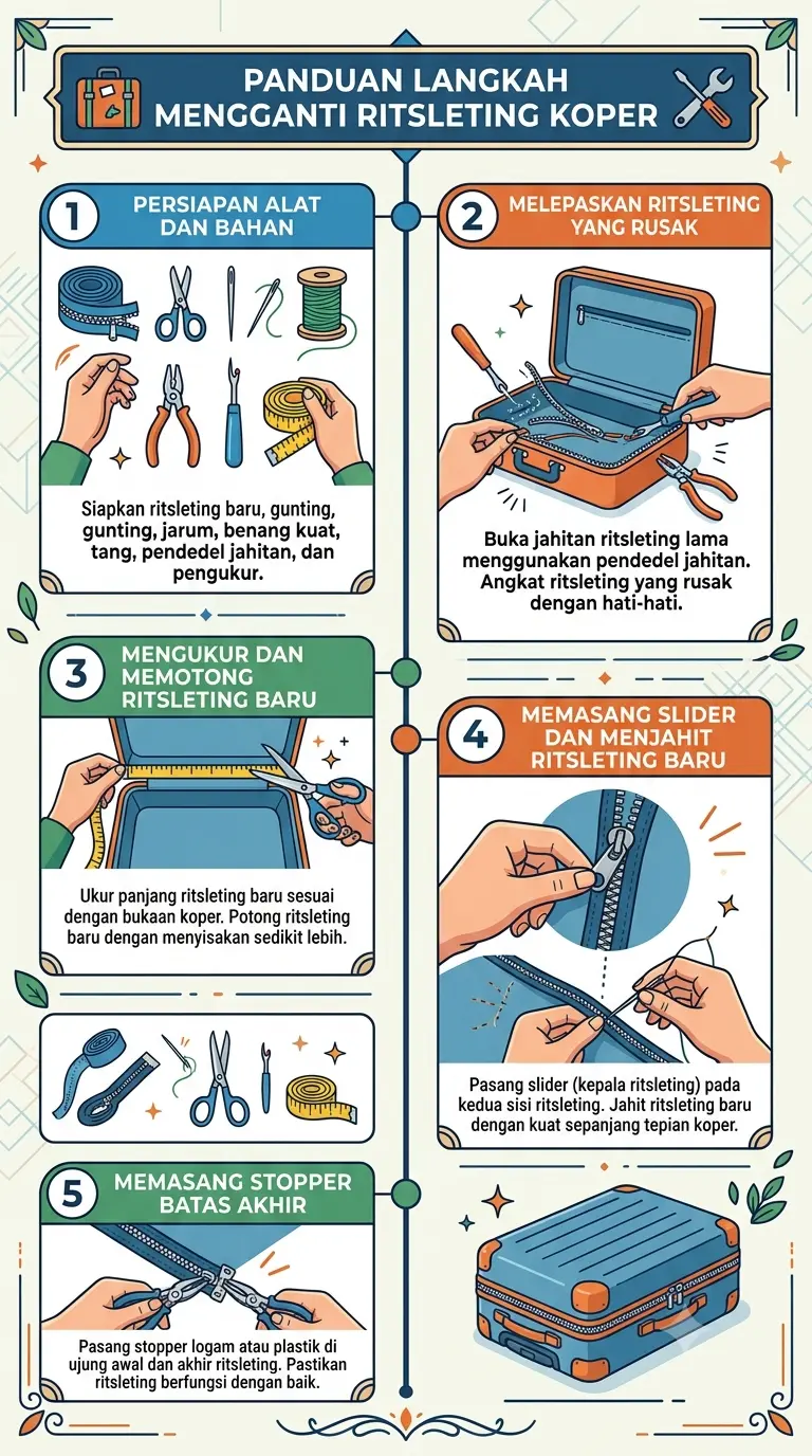 Infografik : Panduan Langkah Mengganti Ritsleting Koper