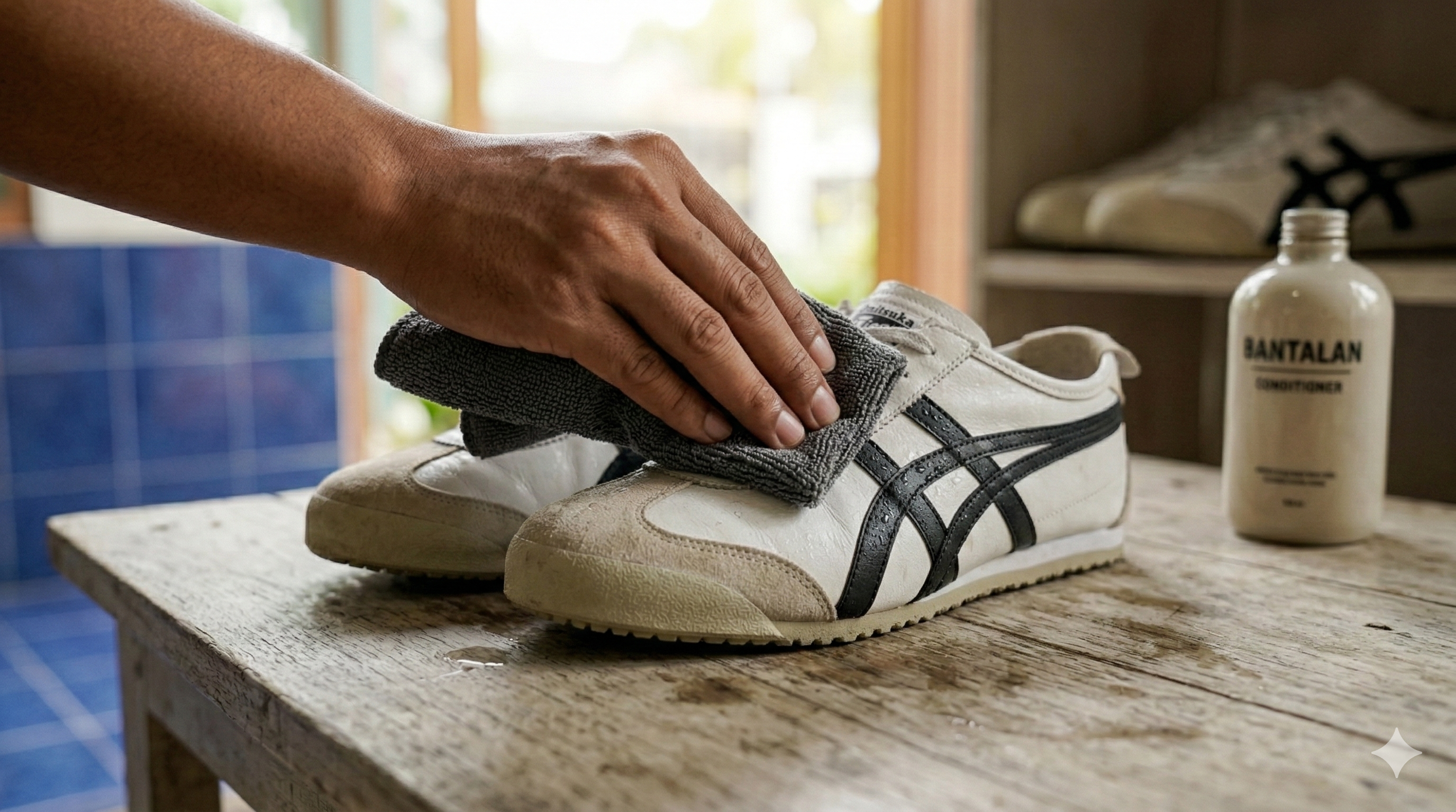 Proses pengeringan alami sepatu suede di area teduh sesuai standar Leather Encyclopedia - sneakershoot.id