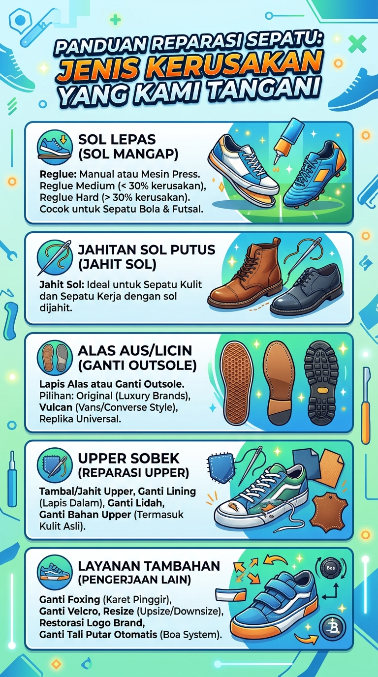 Infografik : Panduan Reparasi Sepatu : Jenis Kerusakan Yang Kami Tangani