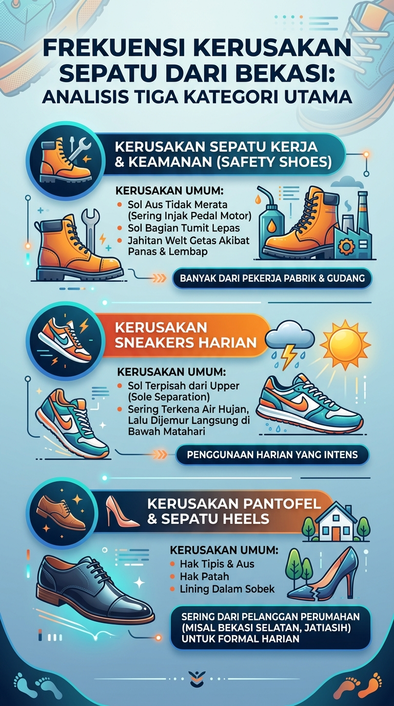 Infografik : Frekuensi Kerusakan Sepatu Drai Bekasi : Analisis Tiga Kategori Utama