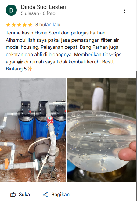 Ulasan bintang lima pelanggan jasa pasang filter air Home Steril di Google Maps - home-steril.com