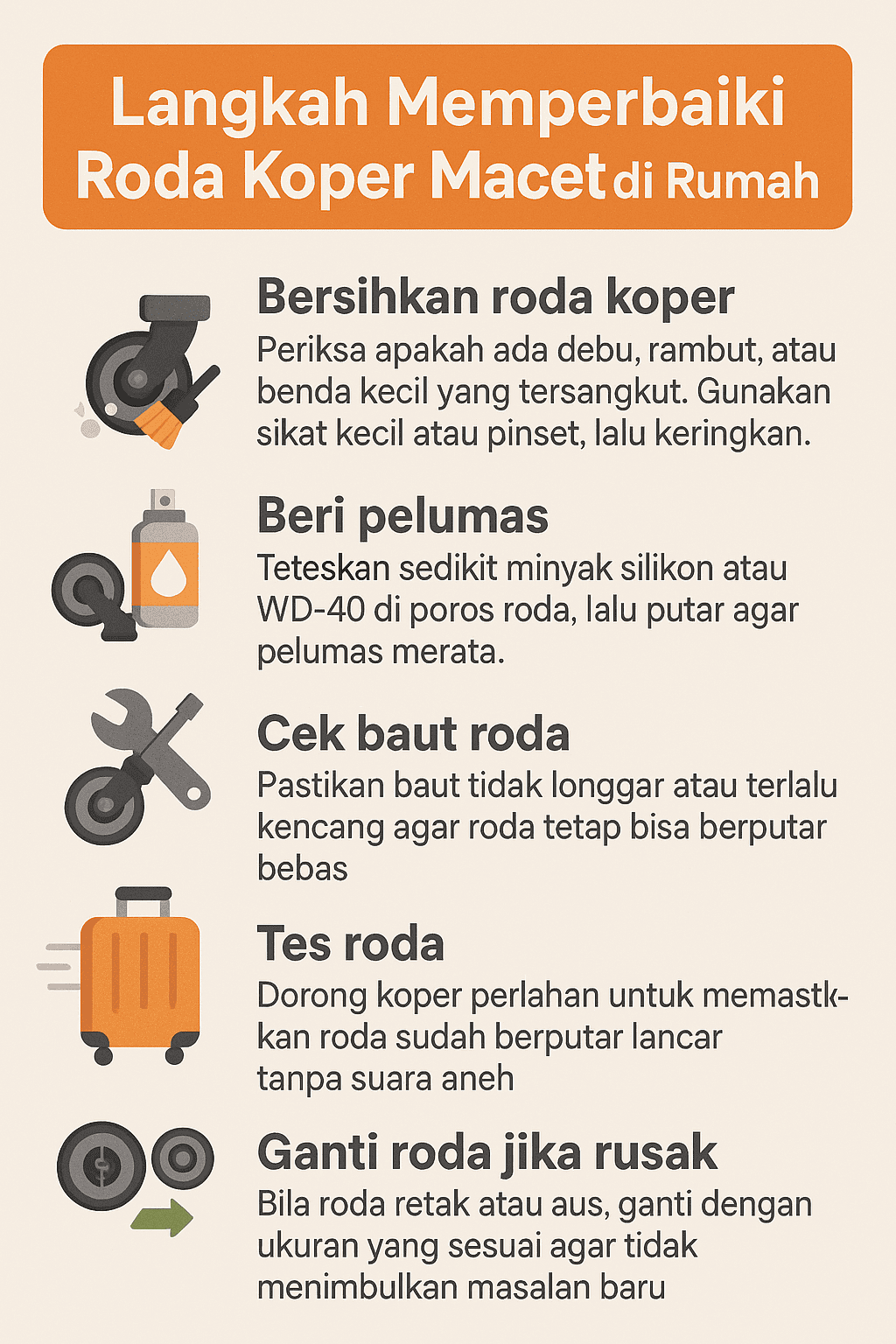 Langkah Memperbaiki Roda Koper Macet di Rumah