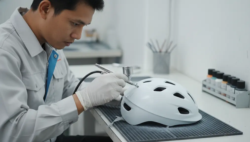 Proses Repaint Topi Sepeda untuk Warna Cerah & Higienis