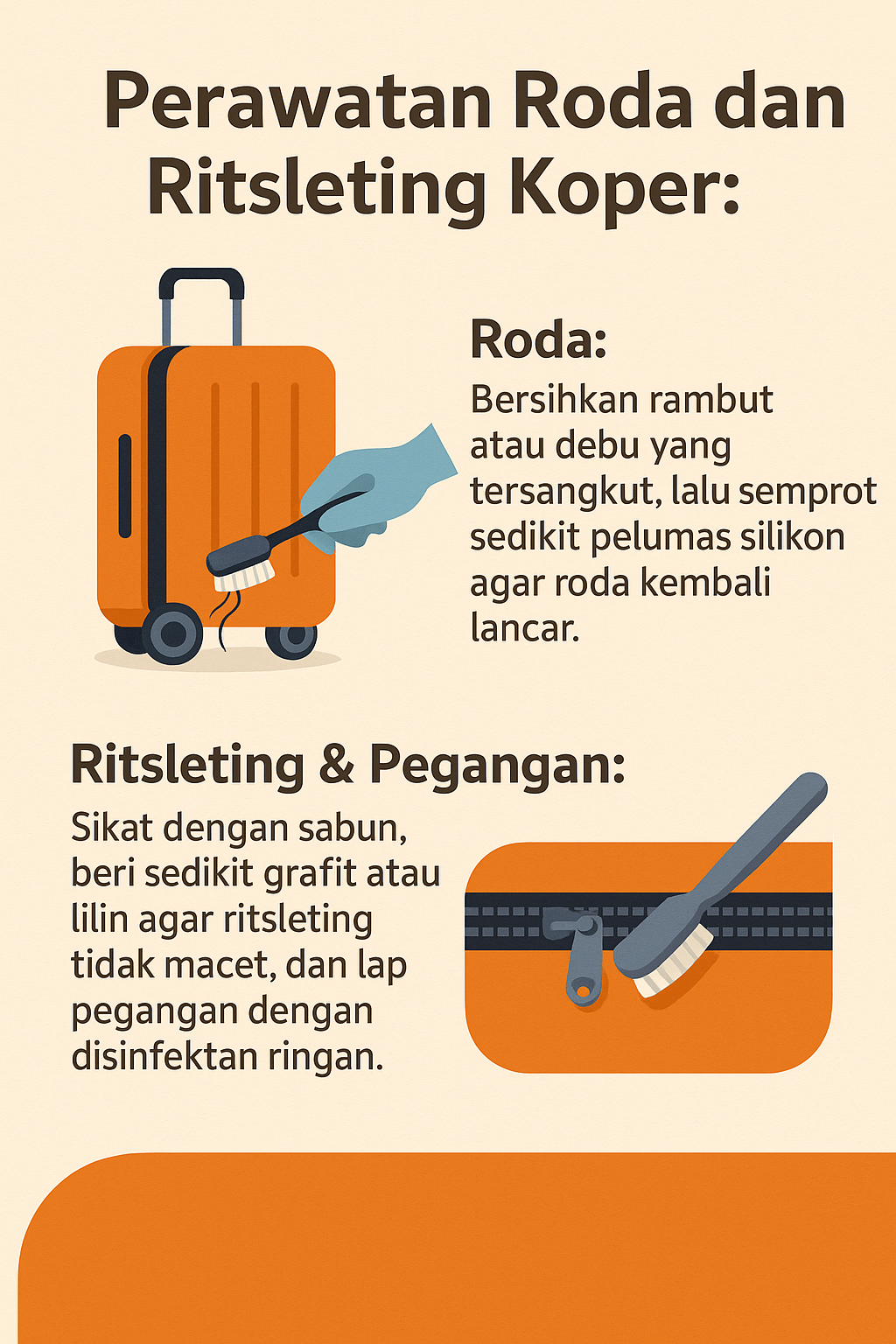 ChatGPT said:  Perawatan Roda dan Ritsleting Koper