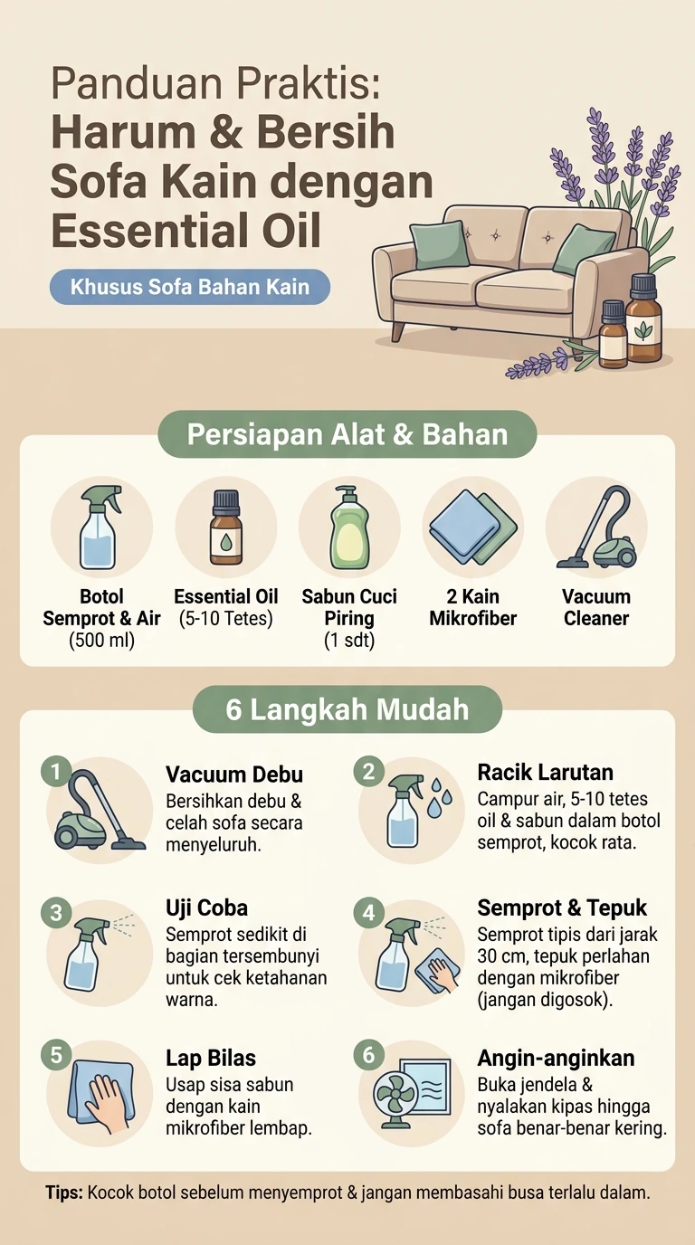 Infografik : Panduan Praktis : Harum dan Bersih Sofa Kain dengan Essential Oil