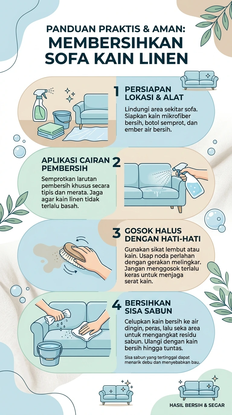 Infografik : Panduan Praktis & Aman : Membersihkan Sofa Kain Linen