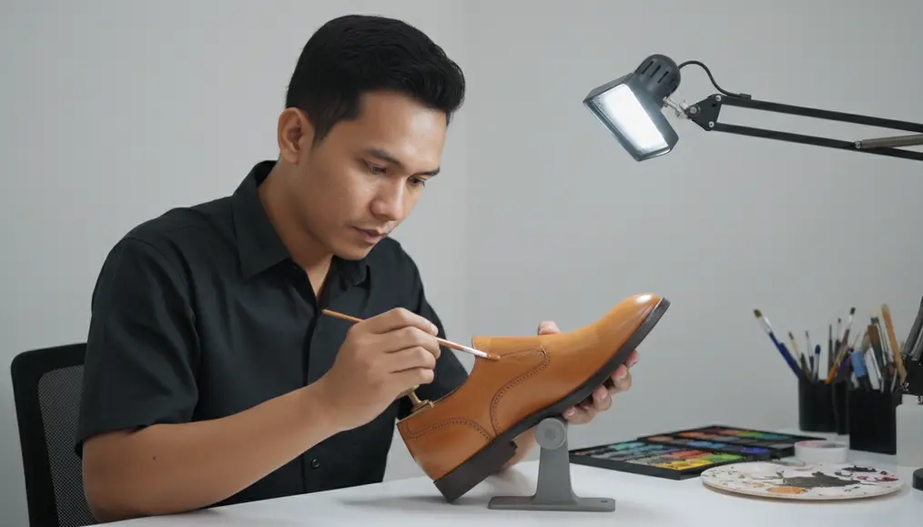 Proses Repaint Sepatu Kulit Import yang Menjaga Texture Integrity