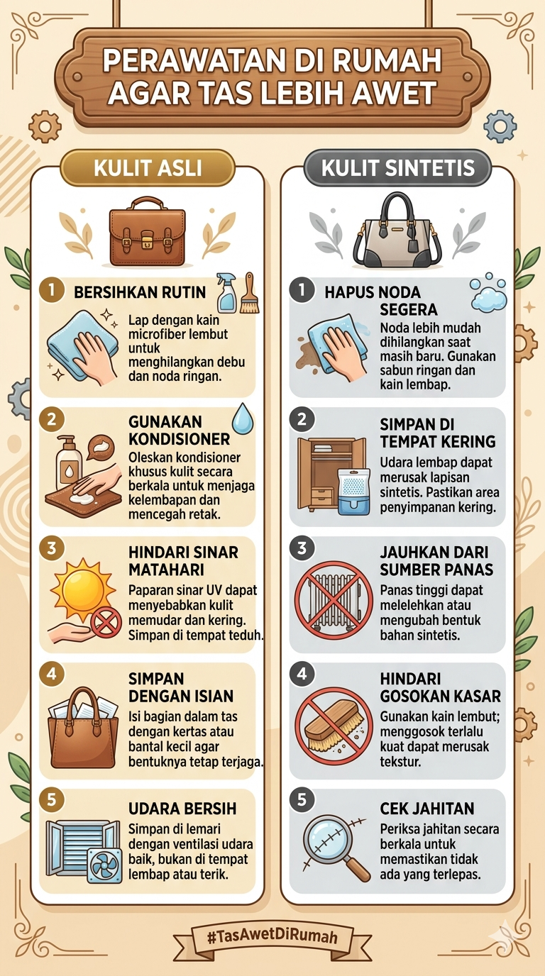 Infografik : Perawatan di rumah agar tas lebih awet