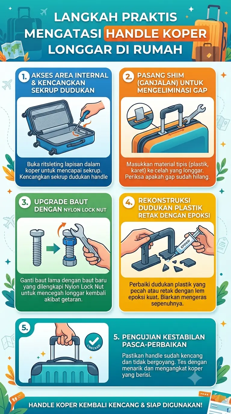 Infografik : Langkah Praktis Mengatasi Handle Koper Longgar di Rumah