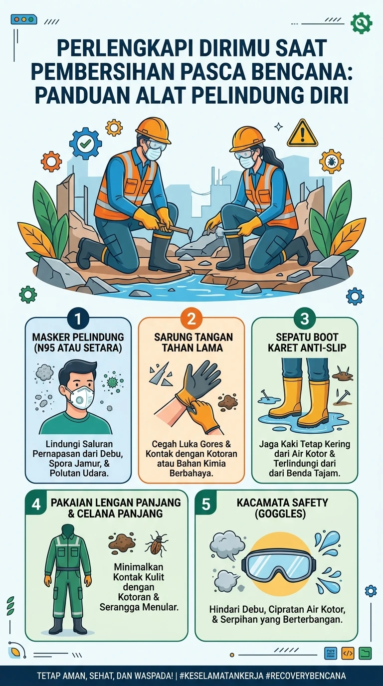 Infografik :Perlengkapan dirimu Saat Pembersihan Pasca Bencana : Panduan Alat Pelindung Diri