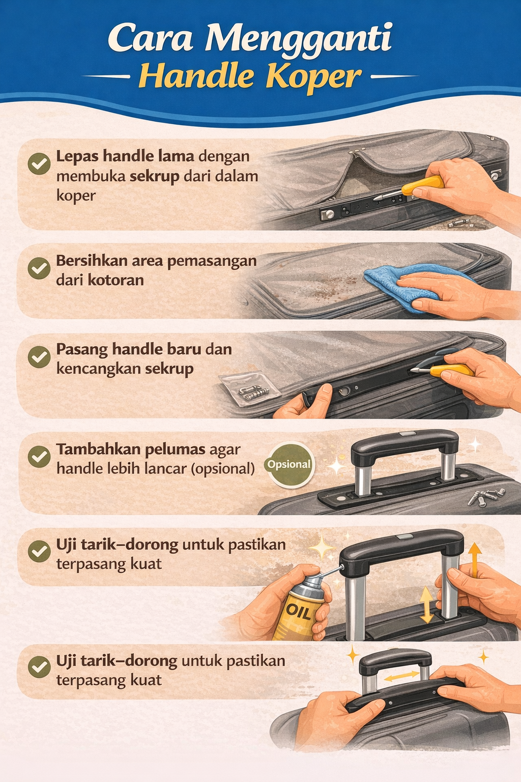 Infografik : Craa Mengganti Handle Koper