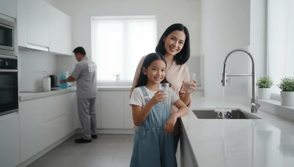 Teknisi profesional Home Steril sedang melakukan perawatan berkala pada katup kontrol filter air - home-steril.com