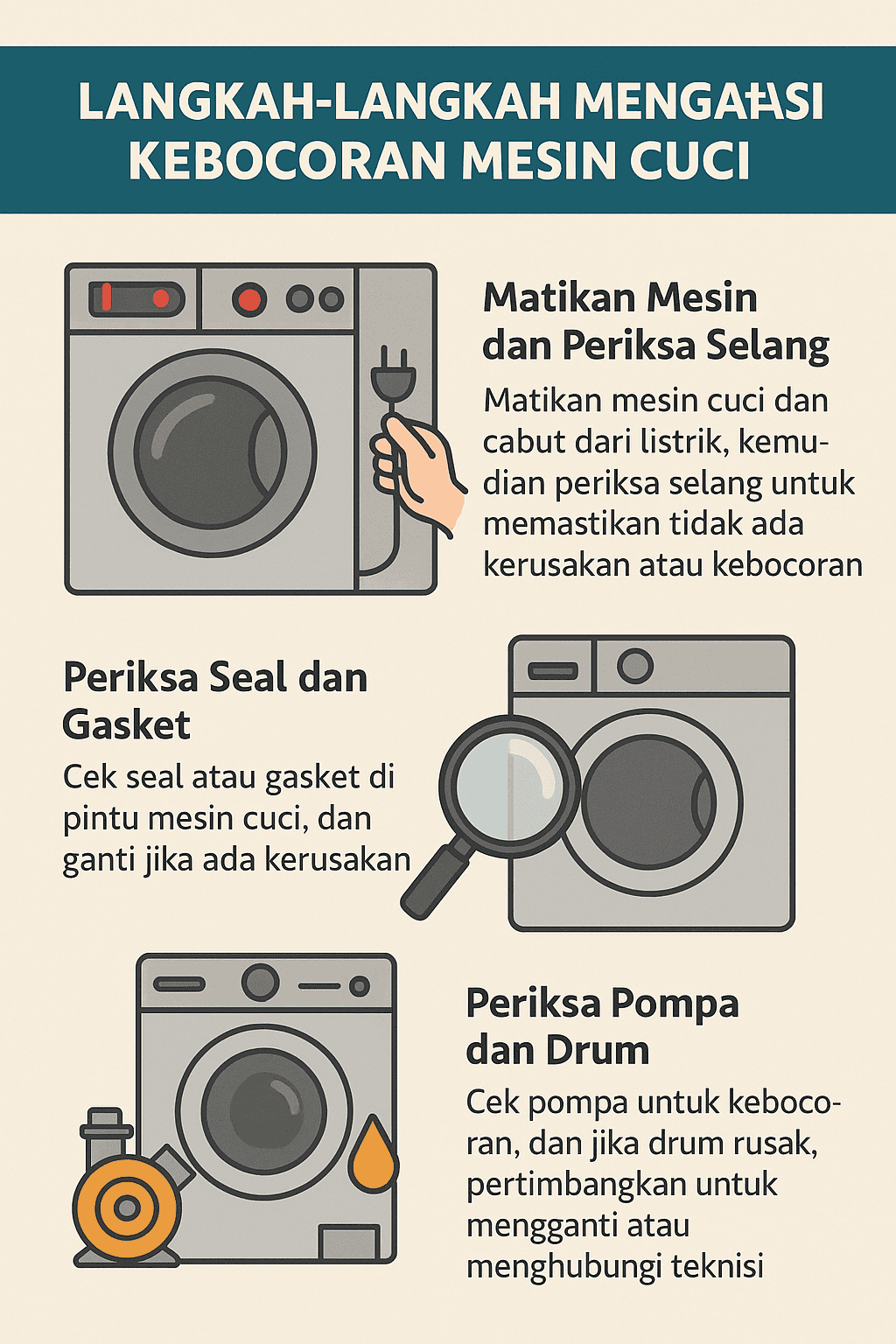 Infografik: Langkah-langkah Mengatasi Kebocoran Mesin Cuci