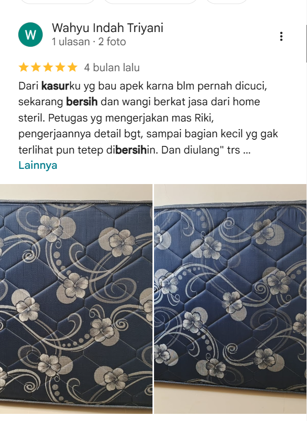 Ulasan bintang lima dari pelanggan puas yang menggunakan layanan sanitasi kasur Home Steril - home-steril.com