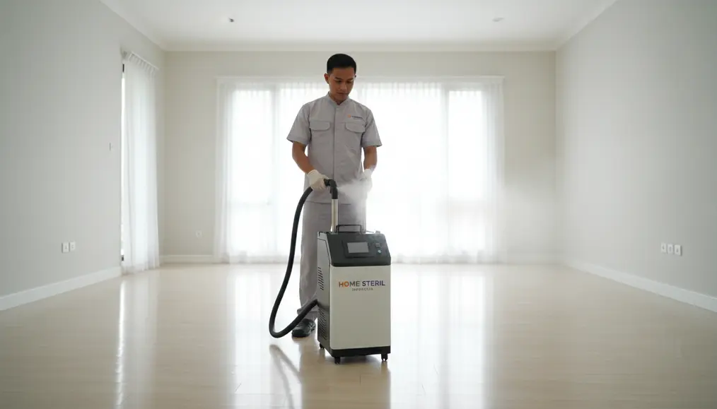 Teknisi Home Steril menggunakan mesin pembersih udara HEPA filter dan arang aktif untuk menyaring partikel mikroskopis - home-steril.com