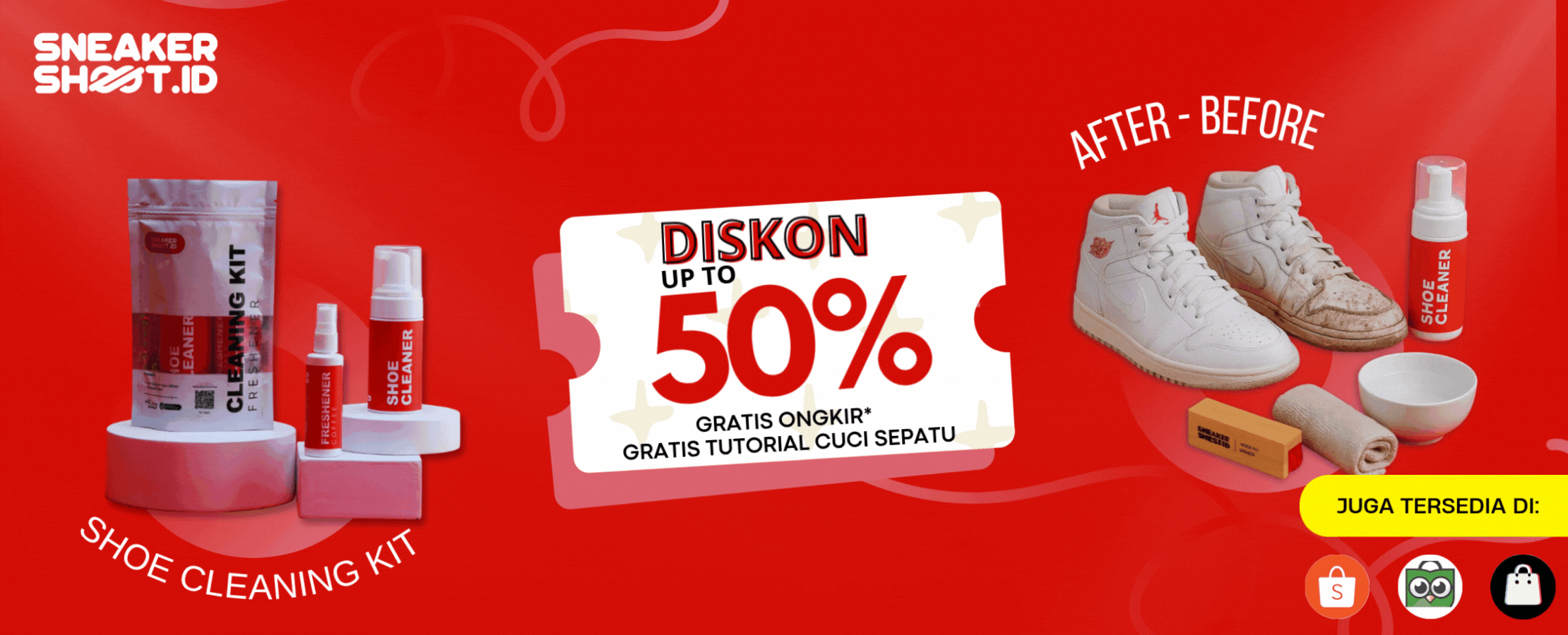 Promo diskon 50% shoe care kit dan gratis tutorial video untuk mencuci sepatu di sneakerhsoot.id