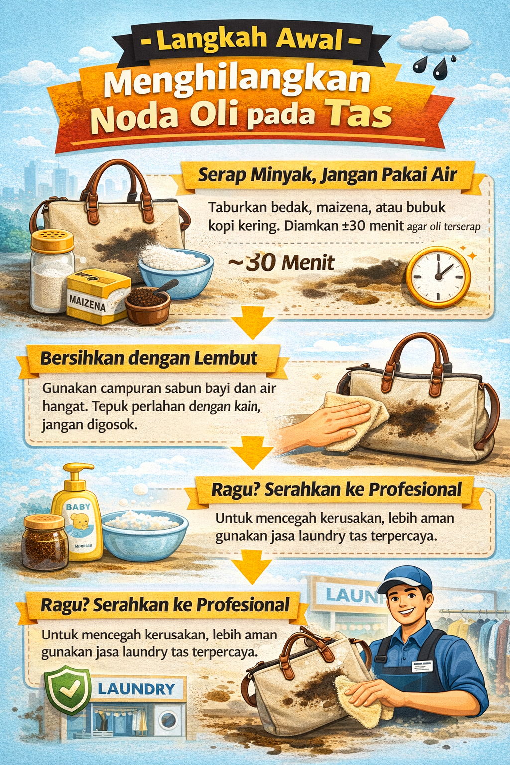 Langkah Awal Menghilangkan Noda Oli pada Tas dengan Bahan Rumahan