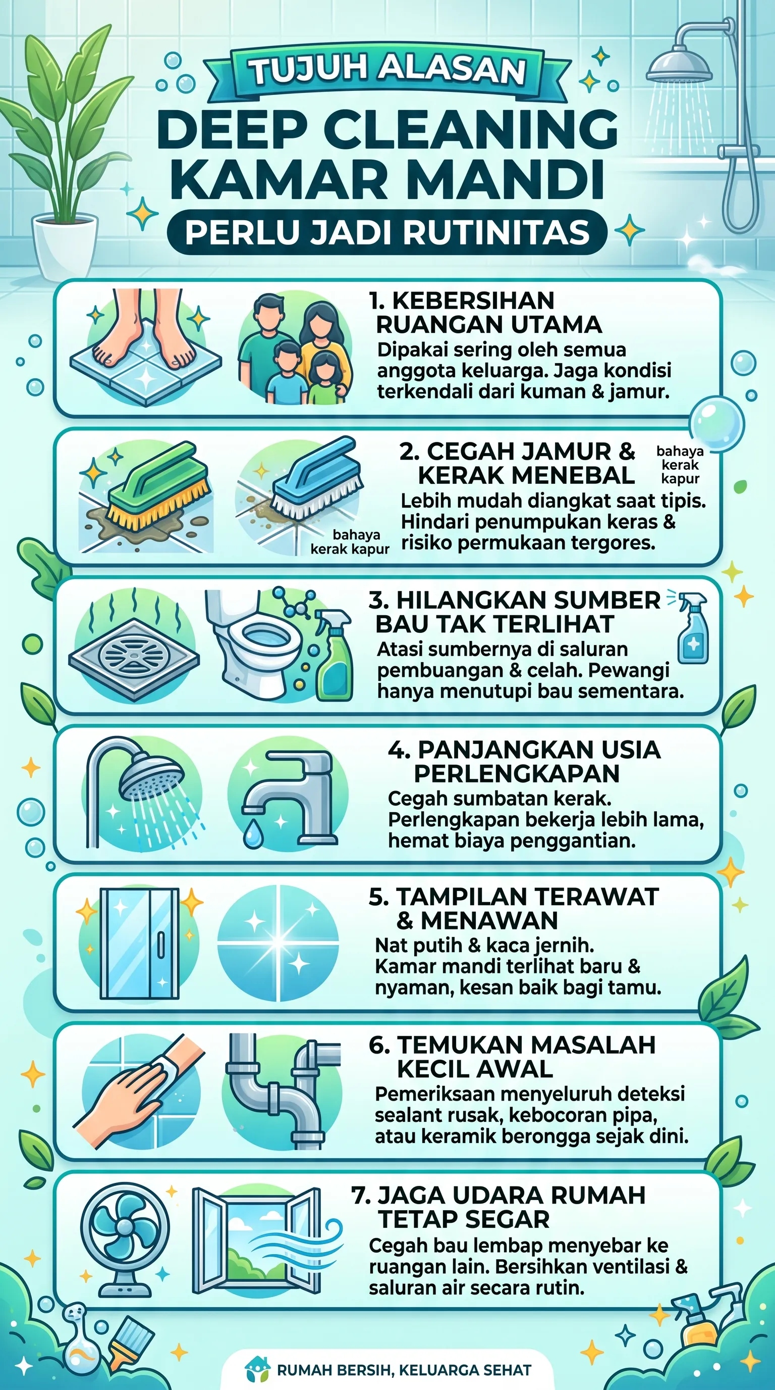 Infografis "Tujuh Alasan Deep Cleaning Kamar Mandi Perlu Jadi Rutinitas" memuat 7 poin penting: kebersihan ruangan utama, mencegah jamur/kerak, menghilangkan sumber bau, memperpanjang usia perlengkapan, menjaga tampilan terawat, menemukan kerusakan kecil sejak dini, dan menjaga udara rumah tetap segar.