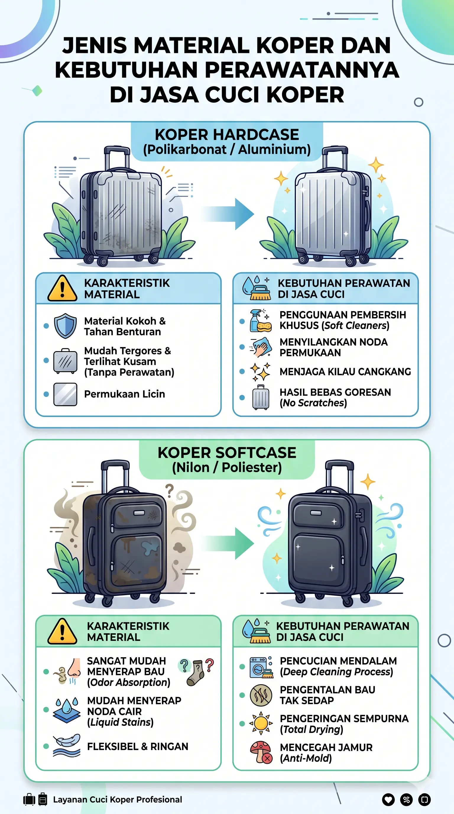 Infografis panduan perawatan koper branded berdasarkan karakteristik material cangkang - sneakershoot.id
