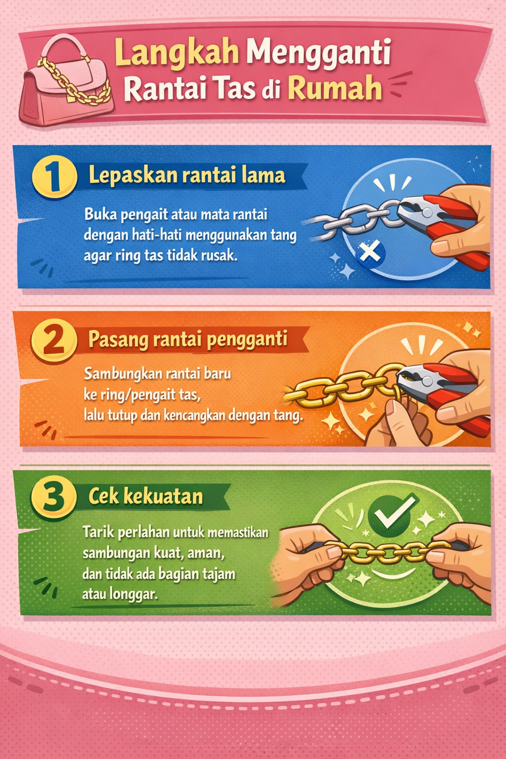 Langkah Mengganti Rantai Tas di Rumah