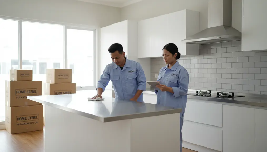 Teknisi profesional Home Steril sedang mengaplikasikan metode sterilisasi bau menggunakan alat pelindung diri lengkap demi standar keamanan tinggi - home-steril.com