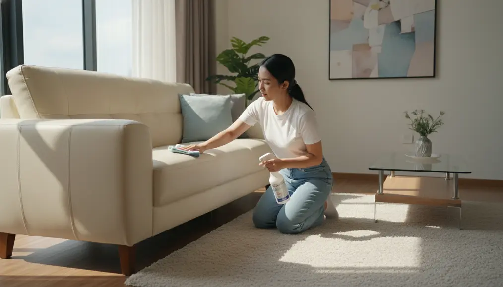 Langkah perawatan sofa kulit menggunakan kain mikrofiber lembap tanpa bahan kimia keras - home-steril.com