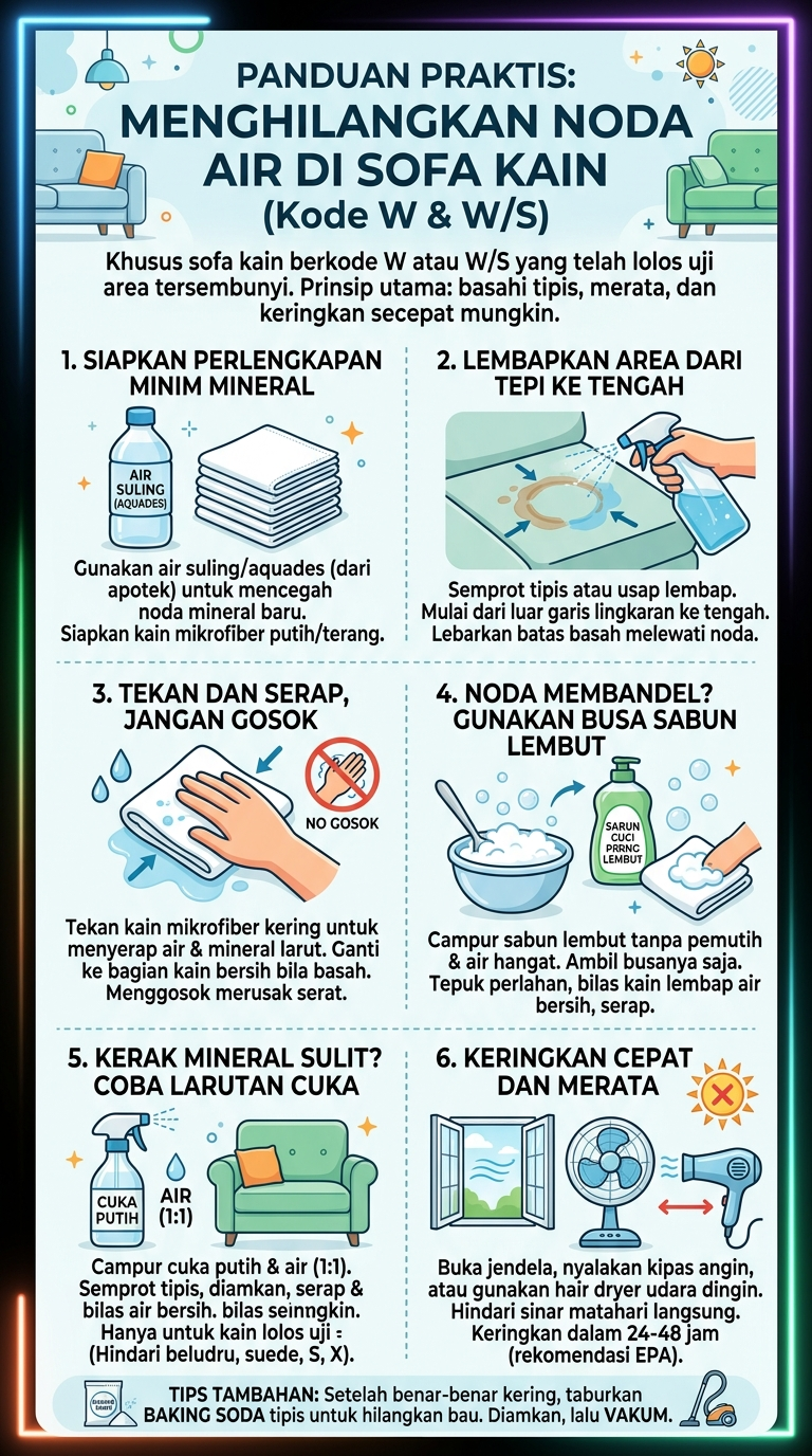 Infografik : Panduan Praktis : Menghilangkan Noda Air di Sofa Kain (Kode W & W/S)