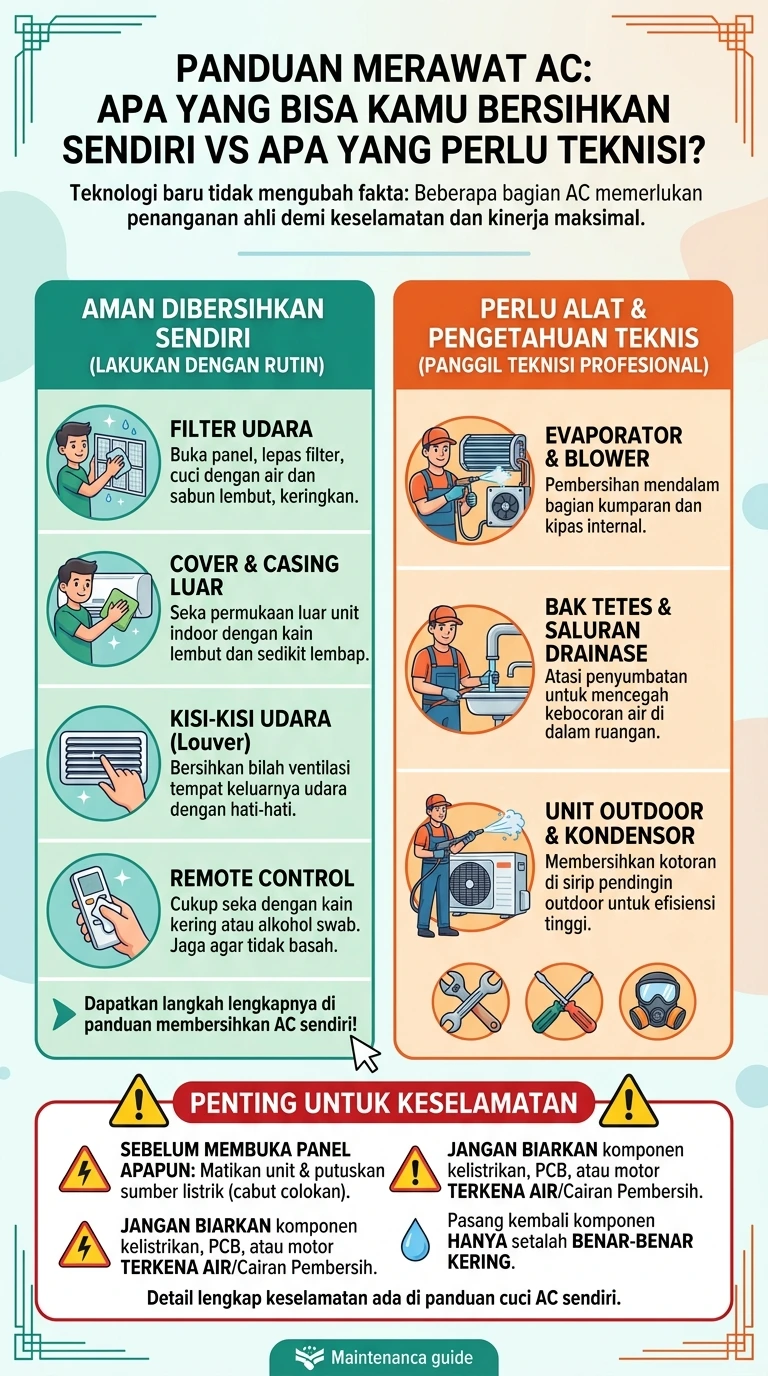 infografik : Panduan Merawat AC : Apa Yang Bisa Kamu Bersihkan Sendiri VS Apa Yang Perlu Teknisi?