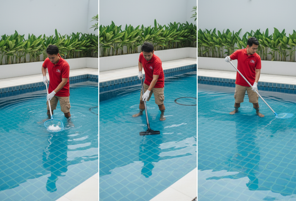 Skimming, Vakum, dan Sikat Kolam Secara Rutin