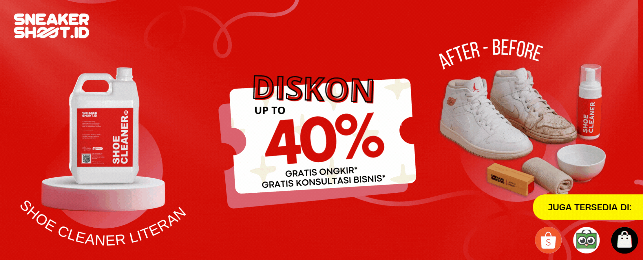 Promo diskon 40% shoe care literan dan gratis konsultasi bisnis bersama dengan sneakershoot.id