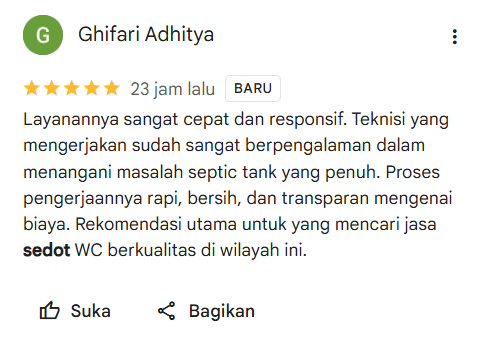 Ulasan kepuasan bintang lima dari pelanggan jasa kuras toilet dan tangki limbah Depok - home-steril.com