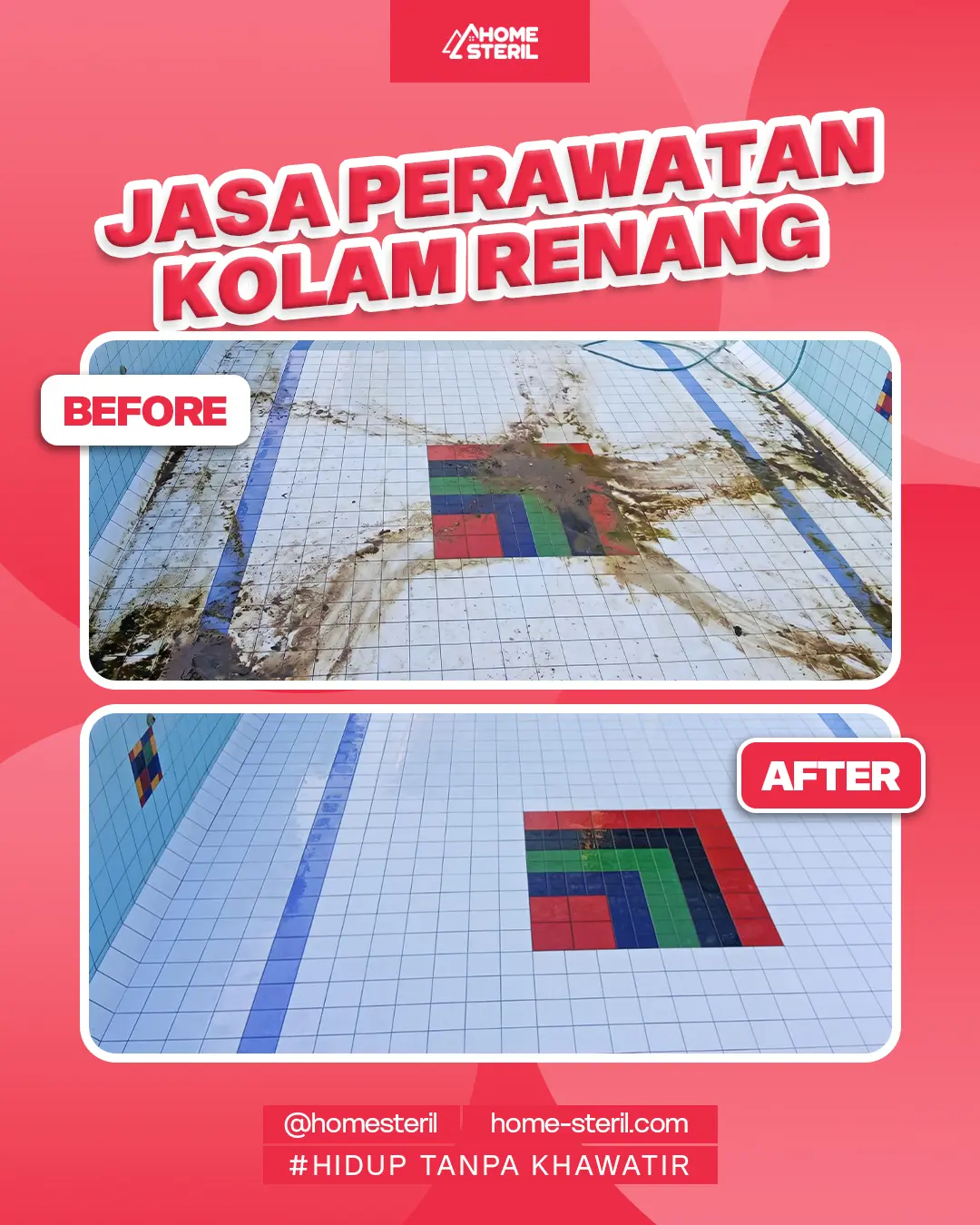 Perbandingan air kolam keruh kehijauan vs air jernih kristal setelah treatment - home-steril.com