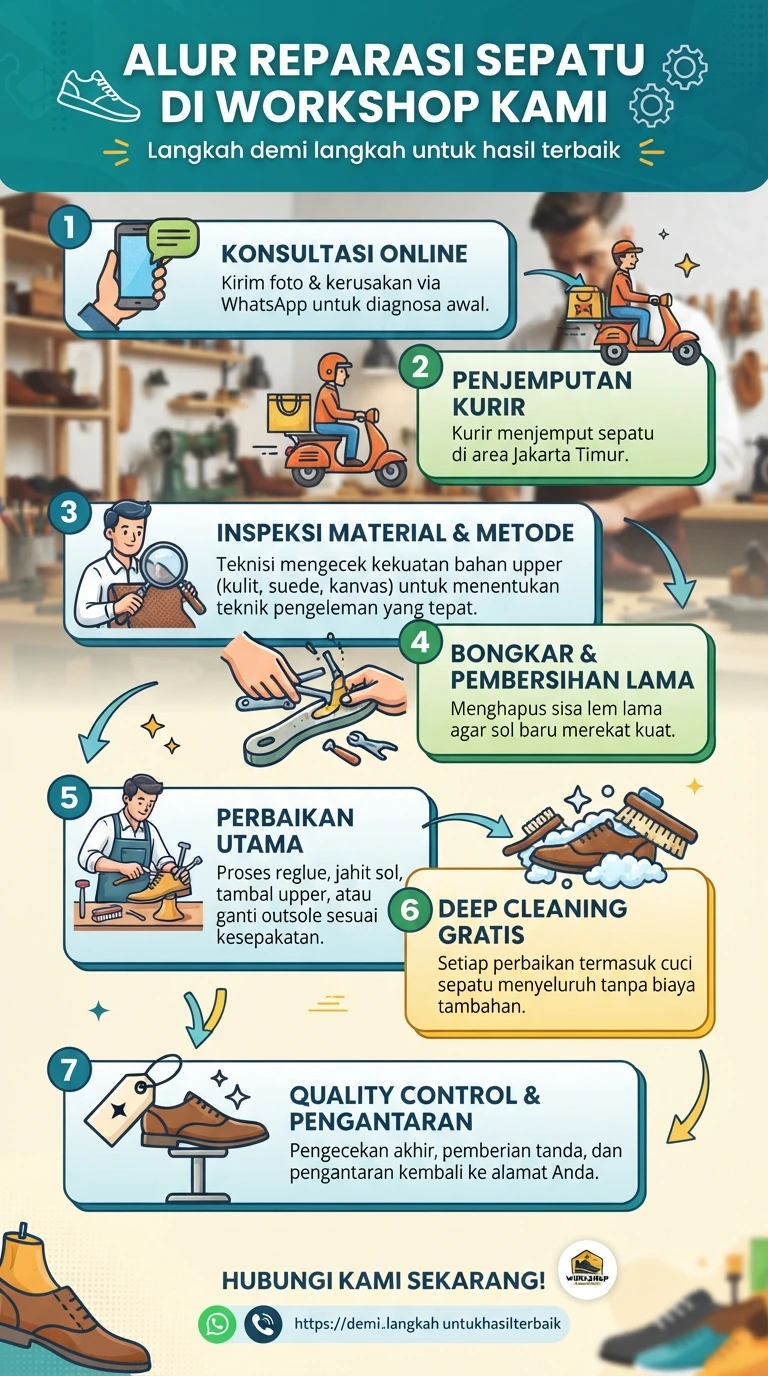 Infografik  Alur Reparasi Sepatu Di Workshop Kami