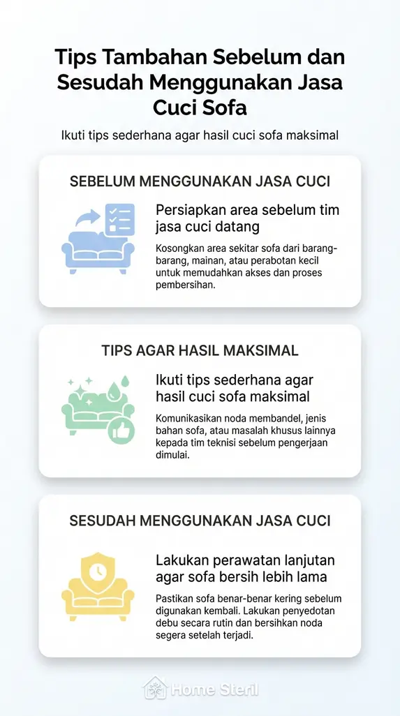 Tips Tambahan Sebelum dan Sesudah Menggunakan Jasa Cuci Sofa